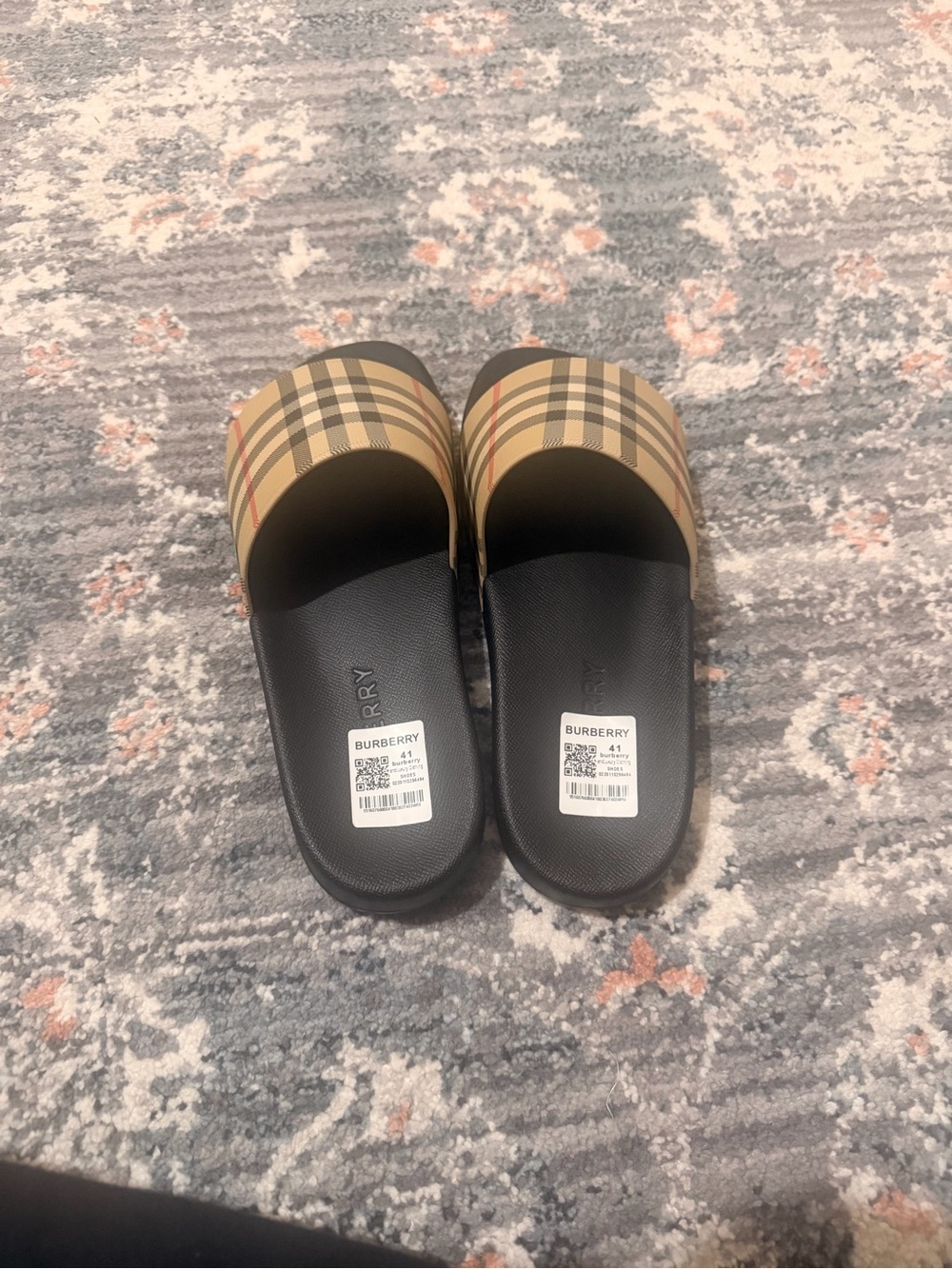 Burberry Tan Plaid Slide Sandals with Black Footbed - Picture 2 of 4